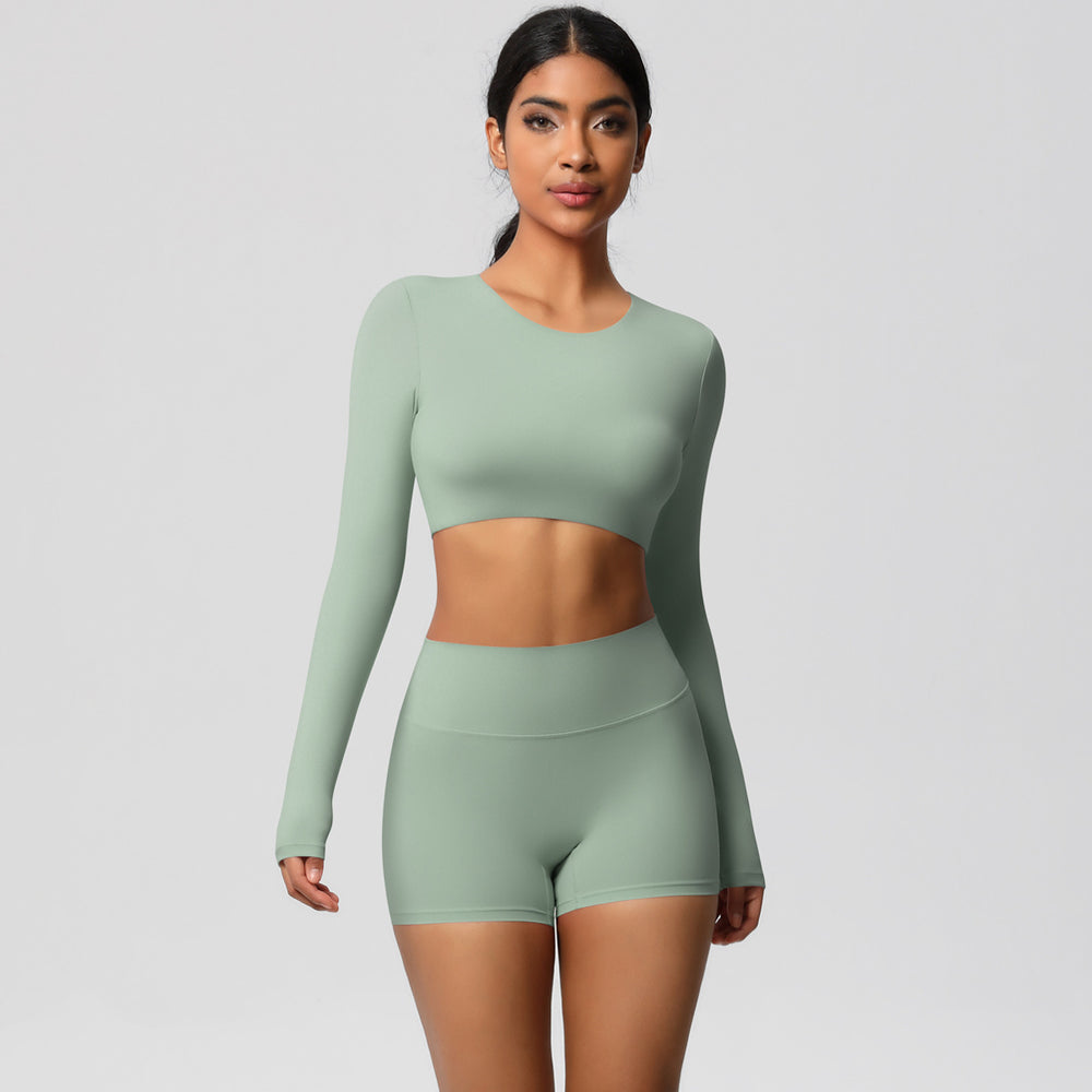 European and american new arrival: brushed long-sleeve yoga set - tight-fit, butt-lifting shorts, quick-dry running & fitness outfit for pilates