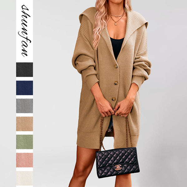 New autumn and winter 2025  European and American women's clothing solid color lapel pocket cardigan three-button medium and long sweater jacket