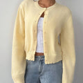fashion light yellow short knittingcardigan round neck buttoned looselong sleeves soft waxy knittingoutwear