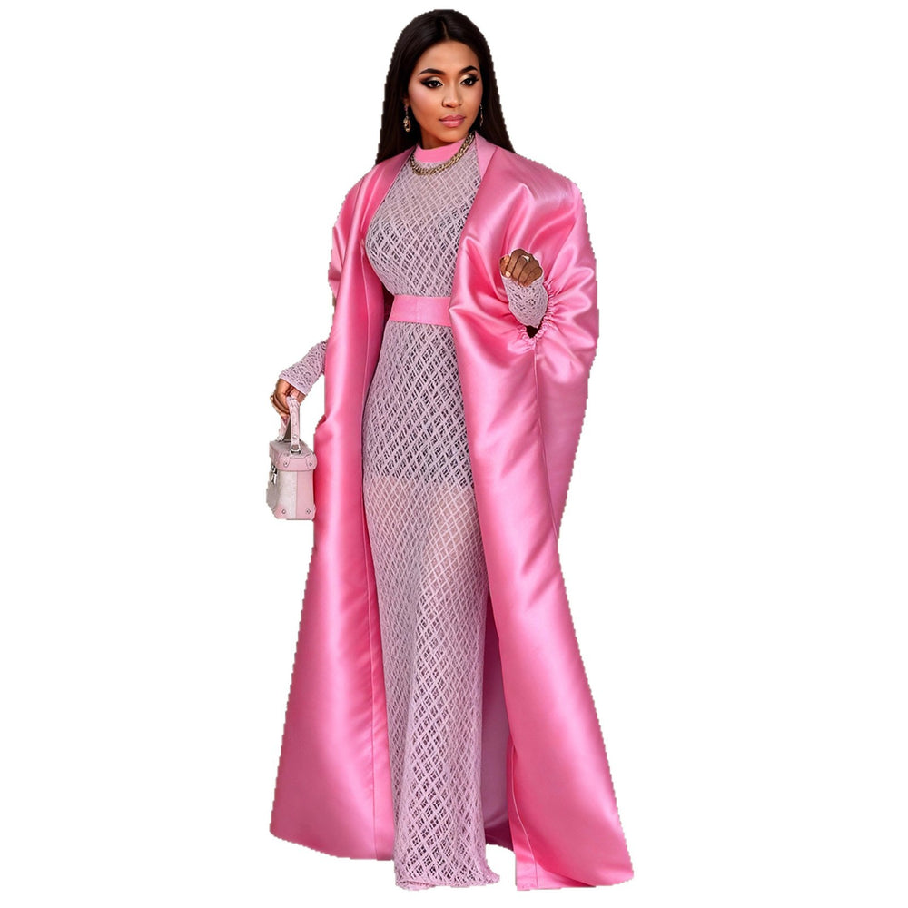 african satin robe with lace inner dress set - sheer mesh banquet sexy two-piece outfit