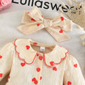 girls' heart print big collar triangle romper - apricot long sleeve + bow hair accessory