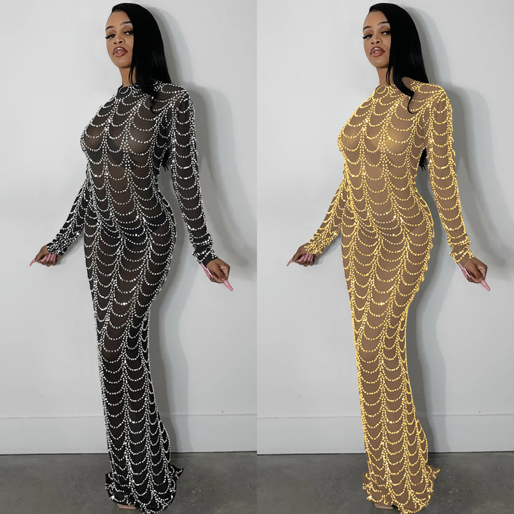 X5351   fashion new sexy nightclub rhinestone mesh see-through long sleeve dress