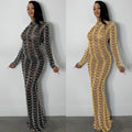 X5351   fashion new sexy nightclub rhinestone mesh see-through long sleeve dress