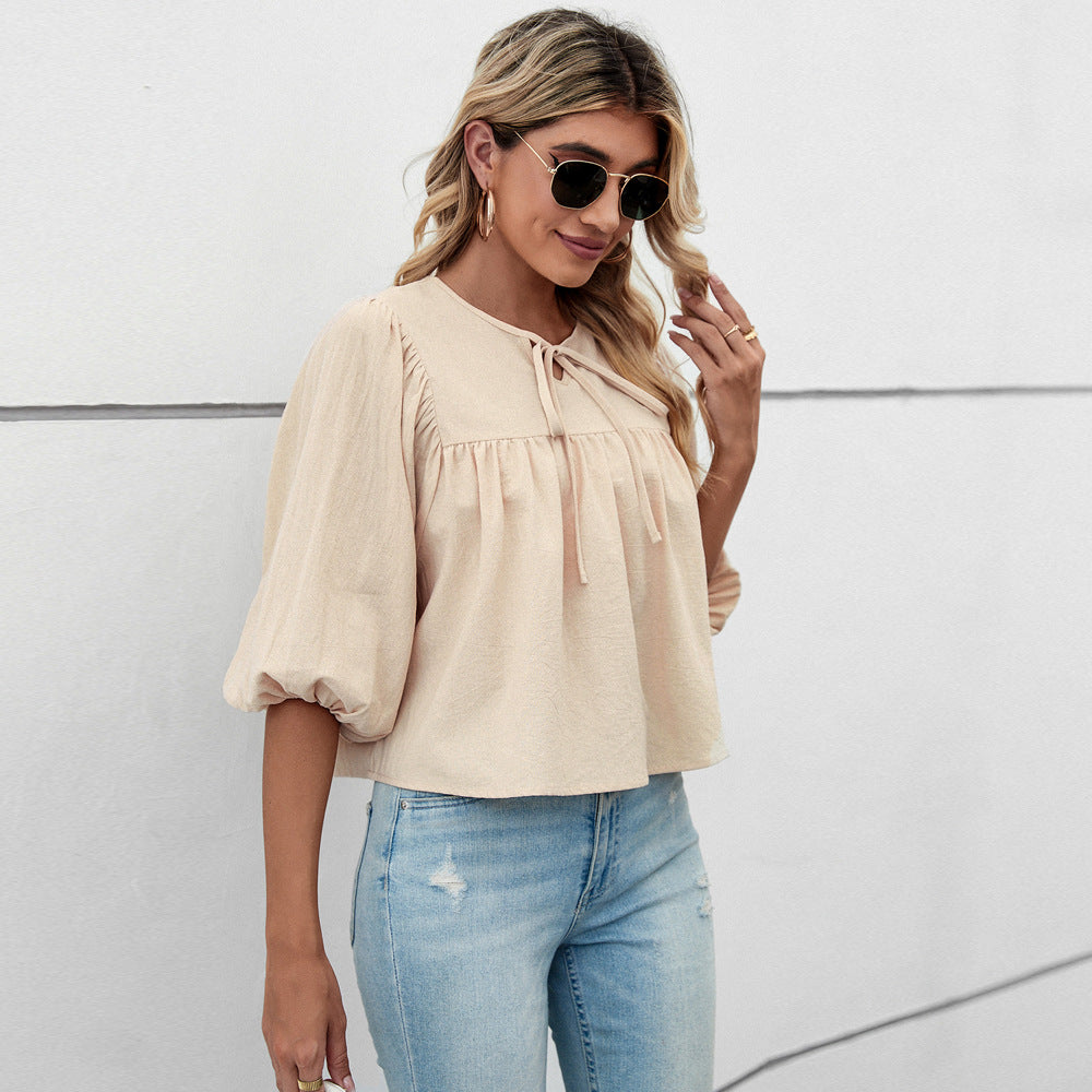 Cross-border independent station 2024 European and American women's clothing crew neck bow loose five-quarter sleeve women's pullover sweet top