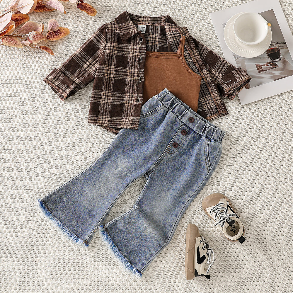 cross-border fashion "maillard" plaid shirt, flare jeans, and camisole three-piece set