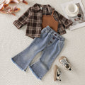 cross-border fashion "maillard" plaid shirt, flare jeans, and camisole three-piece set