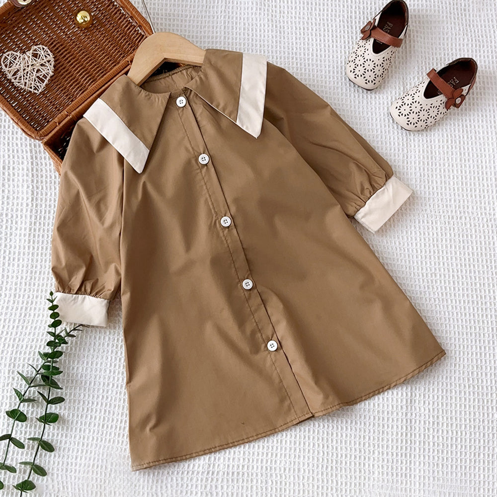 Fashion style children's clothing girl spring & fallnew arrival double pointed collar contrast color large lapel retrocasualloose windbreaker long skirt