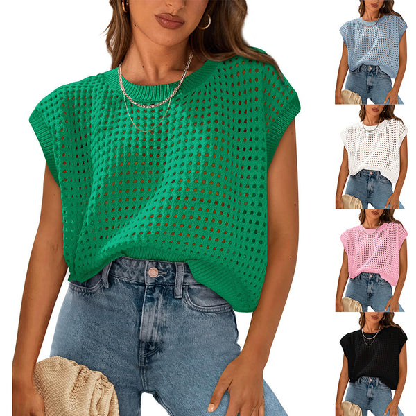 2025 summer new  European and American women's clothing  women's round neck hollow sunscreen knitted sweater blouse