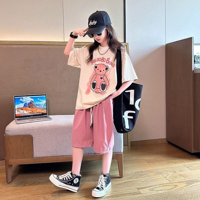 Girls' fashion set -  summer new arrival: stylish and trendy two-piece outfit for older girls and students - casual short-sleeve top and shorts set