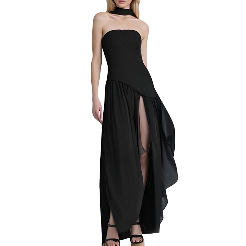 cross-border e-commerce women's fashion: european and american summer new arrivals - stylish solid color bandeau high-slit irregular dress