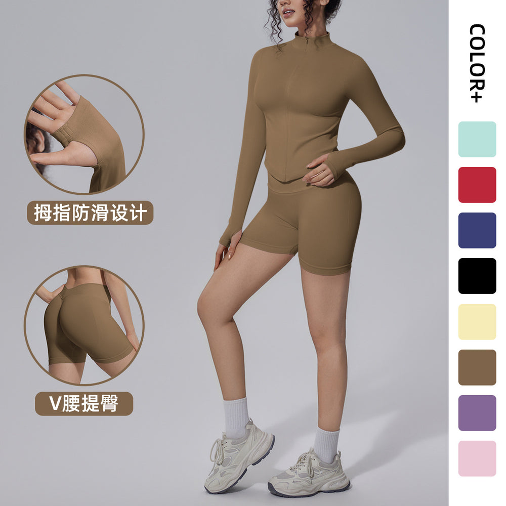 seamless pure color tight high elastic breathable stand collar zipper outwear sports running fitness yoga suit for women