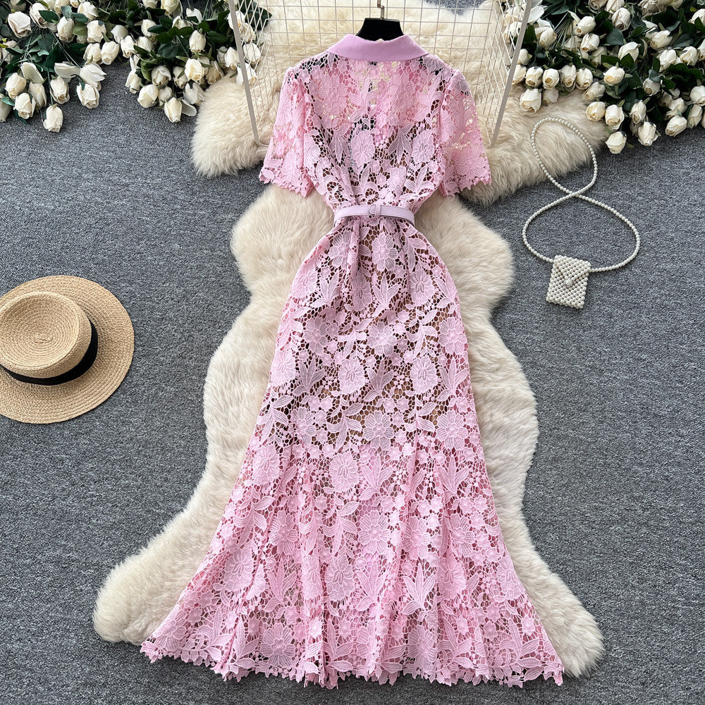 Frenchaccessible luxury heavy industry lacecut out silk dress women's summer k-style lapel waist slimming lookwork clothingelegance long skirt