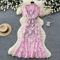 Frenchaccessible luxury heavy industry lacecut out silk dress women's summer k-style lapel waist slimming lookwork clothingelegance long skirt