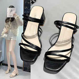 Exportplus size thick heel sandals women's summernew arrival medium heel one-line sandals women's two-wear fashion high heel sandals
