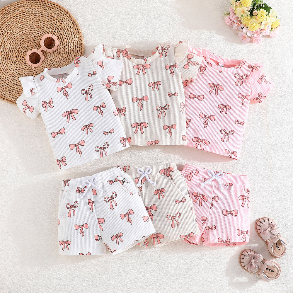 european and american girls' short-sleeve top and shorts set - bow print summer fashion two-piece outfit
