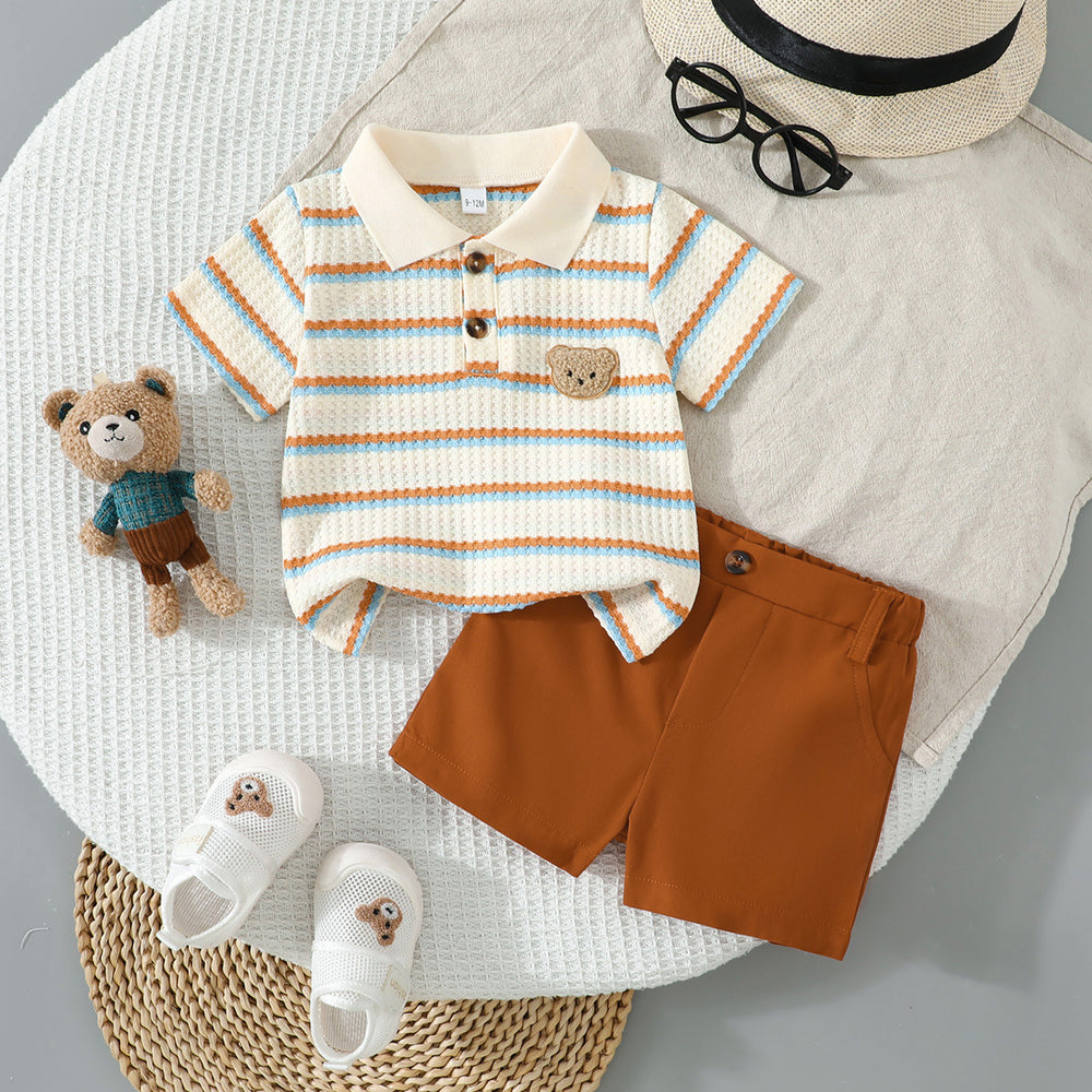 new boys' waffle knit striped polo shirt set with bear embroidery short sleeve outfit