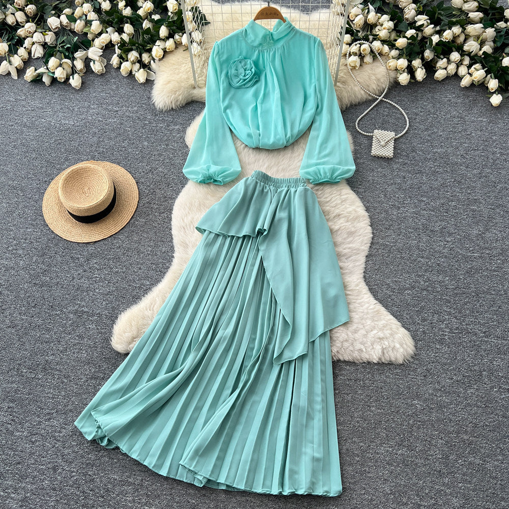 Light mature style red lantern sleeve stereo flower two-piece set women's spring waist pleated skirt classyelegantsuit