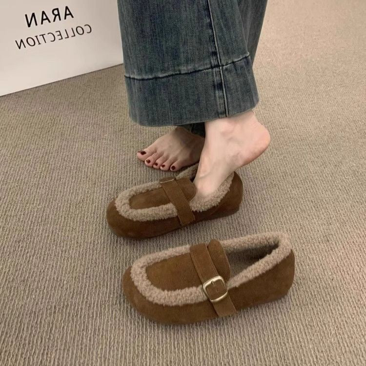 Retrofleece-lined loafers for women 2026fall and winterheattech shoes slip-on grandma soft bottom birkenstock shoes women's shoes cotton shoes
