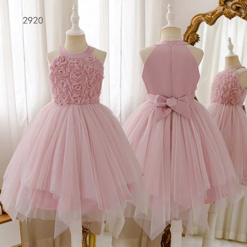 Girls' sleeveless halter dress with appliqué mesh overlay - sweet princess style for kids - perfect for export