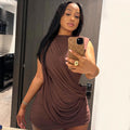 Fashion style cross-border sense of design women's pure color pleated silm hip skirt round neck fashion asymmetrical short dress