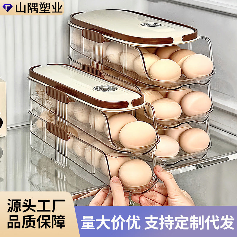 Egg storage box, special food grade kitchen for refrigerator, multi-layer oblique rectangular side door, automatic rolling egg egg box
