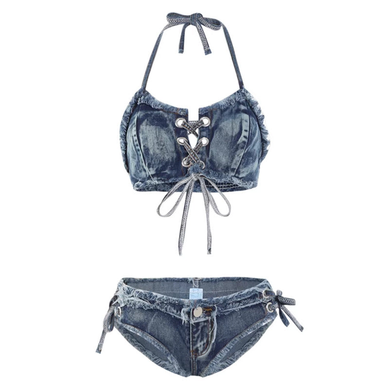 Sexy Spice Girls Nightclub Neck Halter Suspender Vest Lace Up Top Shorts Hot Pants Denim Suit