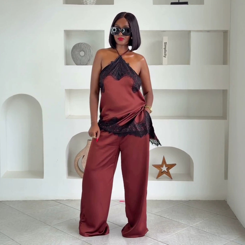 European and american cross-border women's fashion:  summer new arrivals - chic and stylish lace-trimmed open-back top with high-waisted pants set