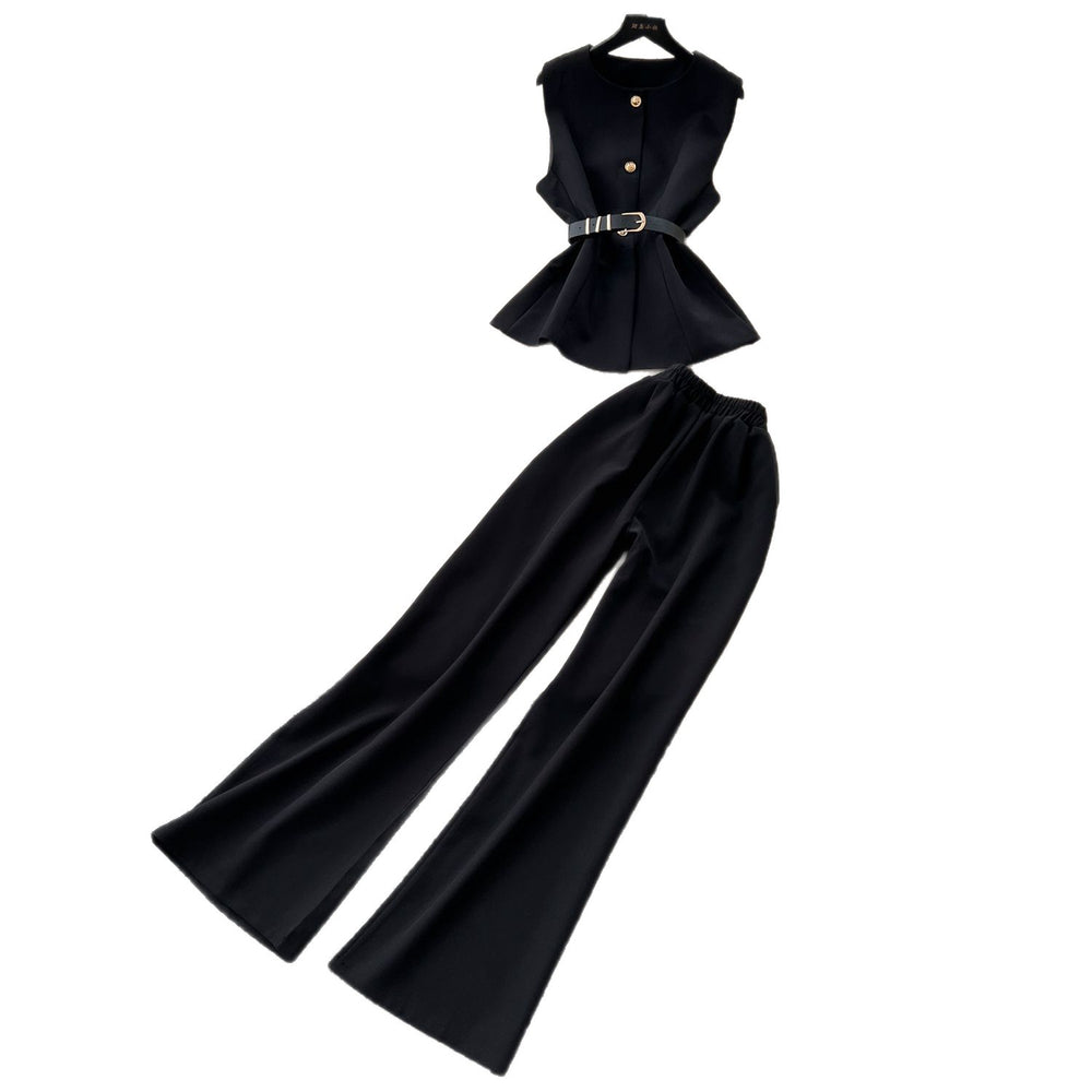 Accessible luxury british classy sense royal sister suit women's summer belt sleeveless tops + elastic waist drapedilm long pants