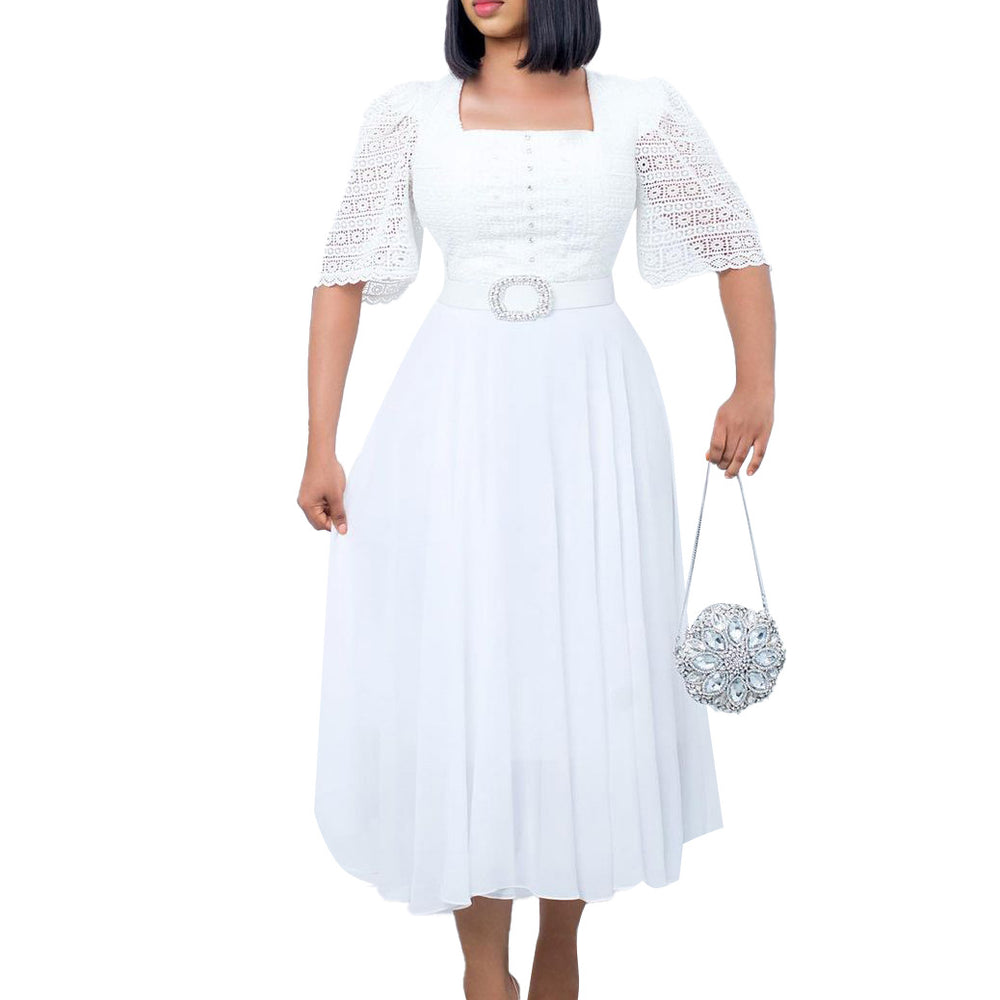 D280: belt included -  new cross-border fashion: european & american style patchwork chiffon beaded socialite african export dress