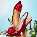 Women's wine red stiletto heel sandals - fashionable pointed toe party shoes with red rose detail