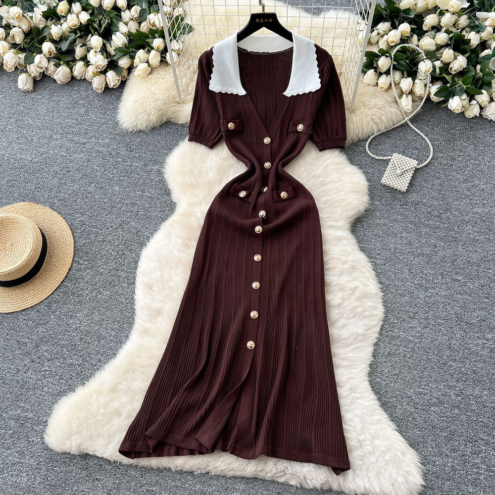 Frenchretrocontrast color lapel short sleeve metal button silmdress women's waist slimmingelegant slit knitting skirt