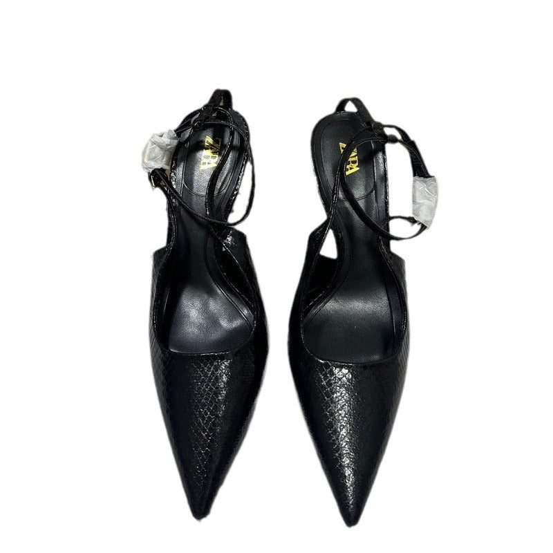 Az2024 summer new arrivals: black python print buckled stiletto mules - trendy pointed-toe open-back sweet style