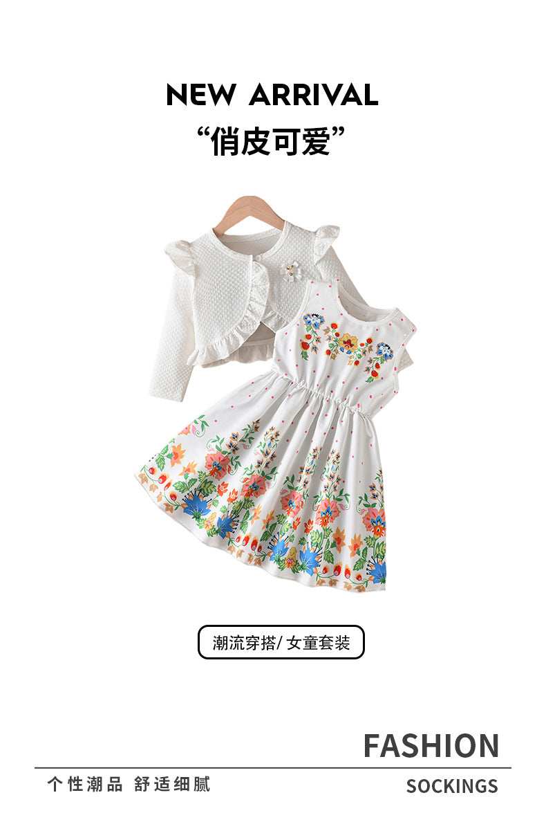 Girls' fall two-piece outfit: white tank dress with colorful floral ruffle overlay