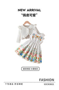 Girls' fall two-piece outfit: white tank dress with colorful floral ruffle overlay