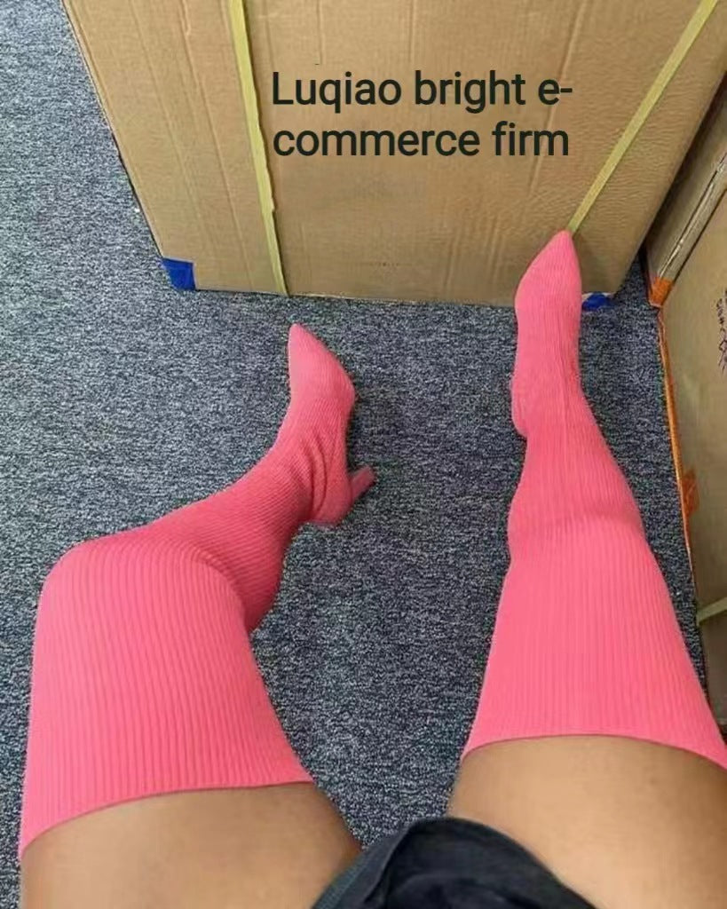 Sock boots women's  summer autumn new arrival elastic boots over the knee thick heel pointed toe slim boots knitting socks autumn winter