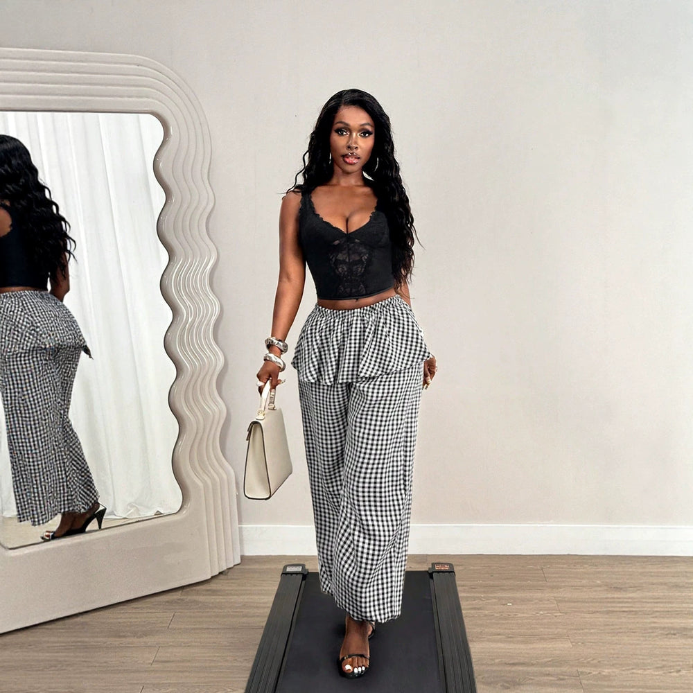 Amazon  spring/summer new fashion plaid high-waisted wide-leg joggers with elastic ankle cuffs
