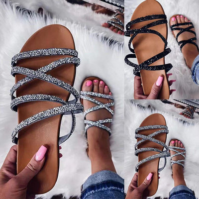 Summer women's european and american style open-toe round toe flat sandals with rhinestones - plus size women's shoes, breathable and lightweight for beach and outdoor wear