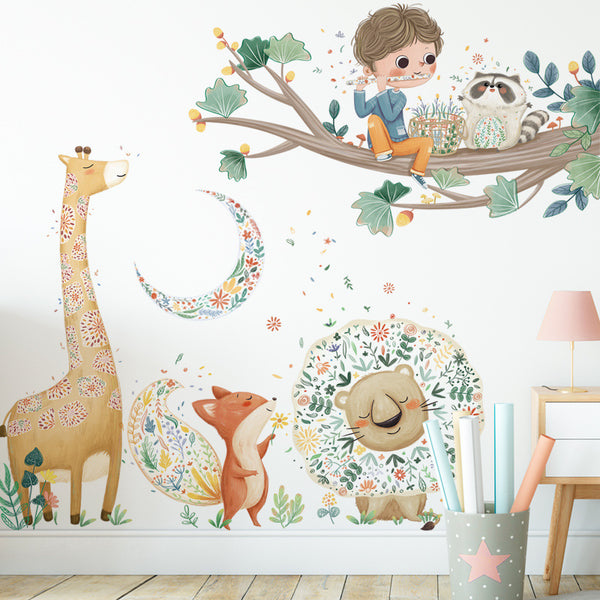 Cute cartoon sticker giraffe lion fox decorative sticker children's room kindergarten wall sticker big tree wall sticker