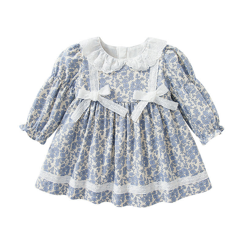 New girls' spring/autumn dresses: floral print long-sleeve princess dress with lace and bow detail - wholesale