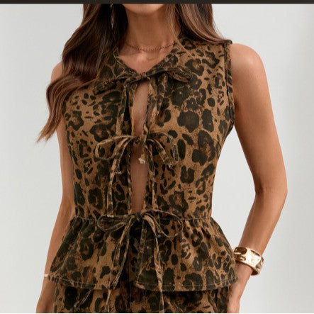 European and american cross-border new arrival:   summer ruffle tie-up denim vest top set for women
