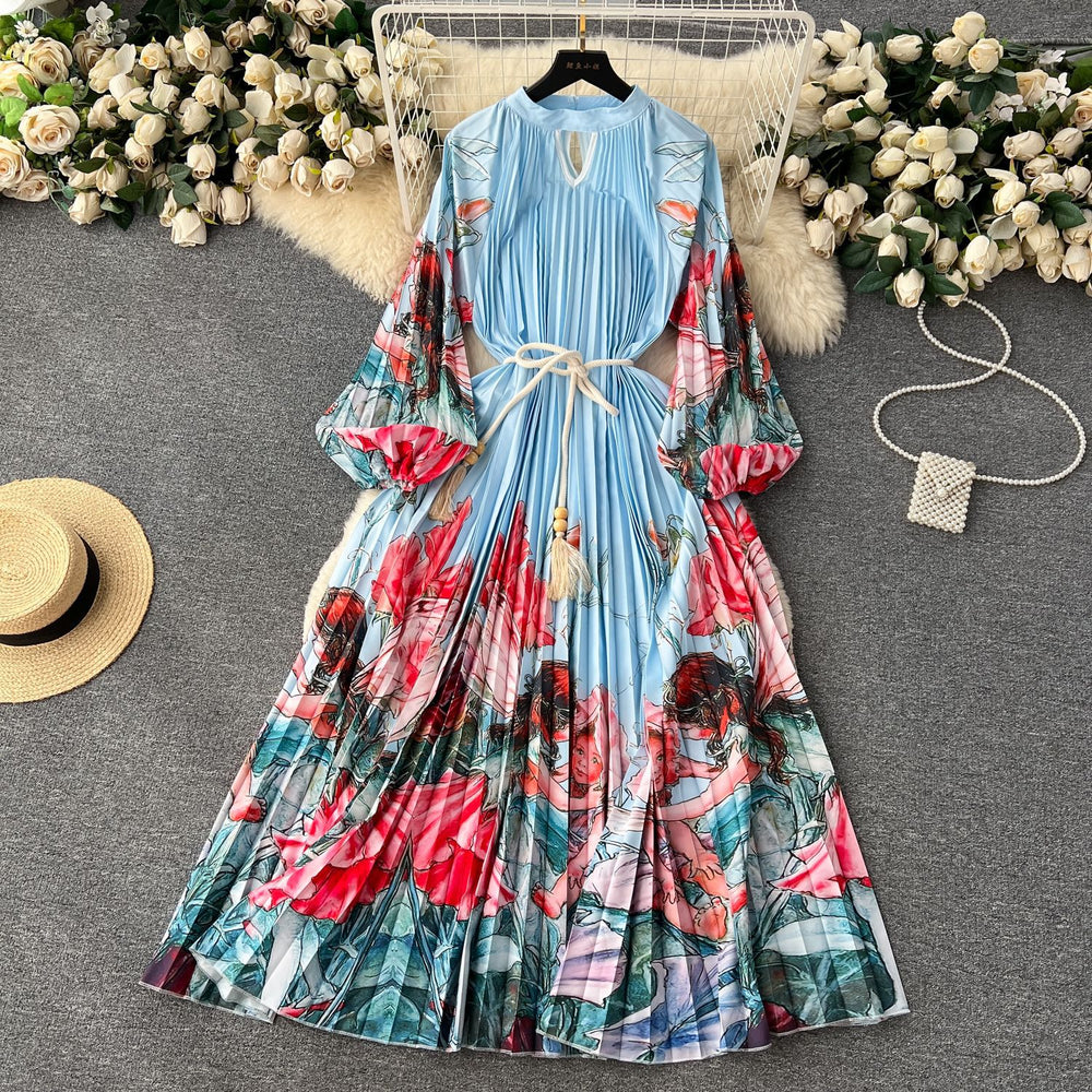 Elegant and chic printed dress for women - summer bubble sleeve tie-waist design, unique and flowy fairy dress