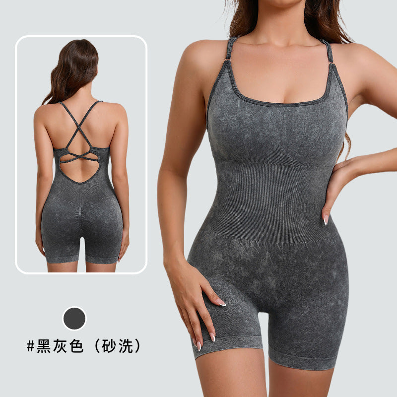 European and american style one-piece yoga bodysuit with removable padded bra, criss-cross back design, breathable, casual, activewear, and shaping bodysuit