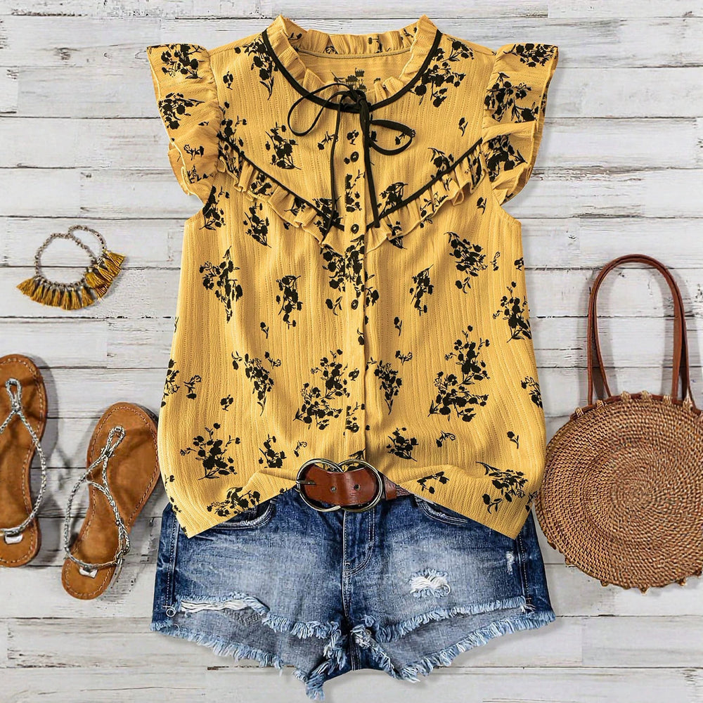 fashionsummerplus size women's blue bottom floral tie back shirt fungus edge flying sleeves loosetops