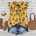 fashionsummerplus size women's blue bottom floral tie back shirt fungus edge flying sleeves loosetops
