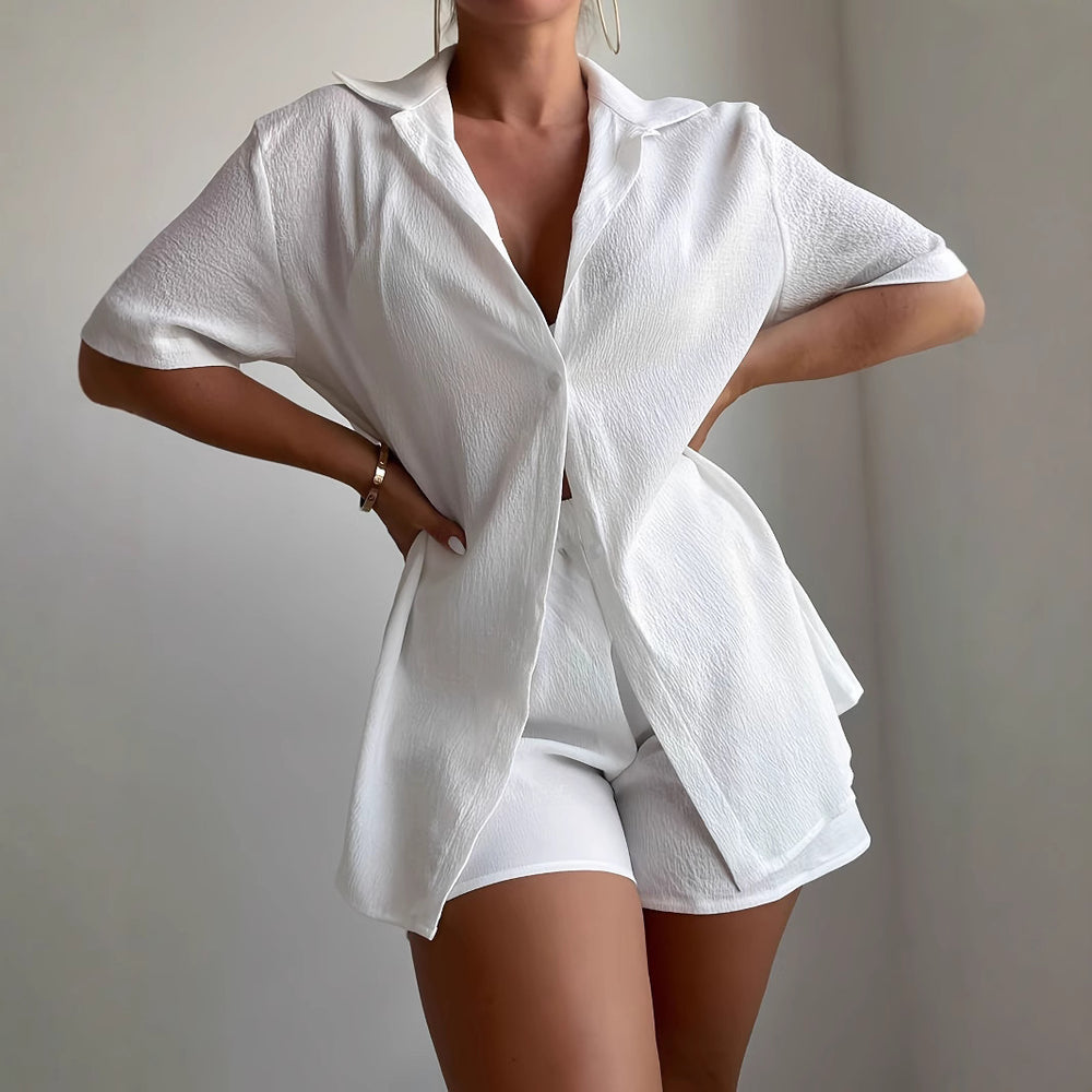 Summer tk european and american cross-border solid color shirt and shorts set - loose fit casual two-piece wholesale