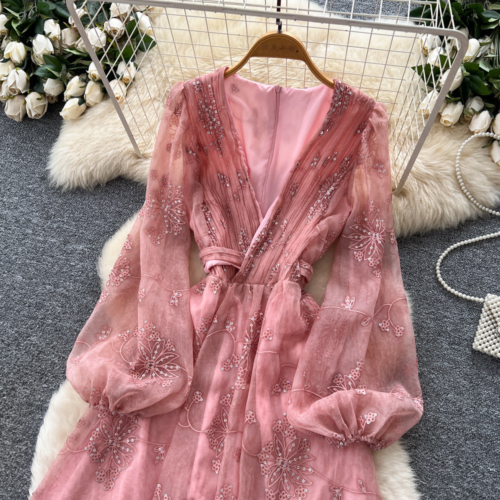 French chic sequin embroidered v-neck lantern sleeve bodycon dress - women's slimming maxi dress for autumn