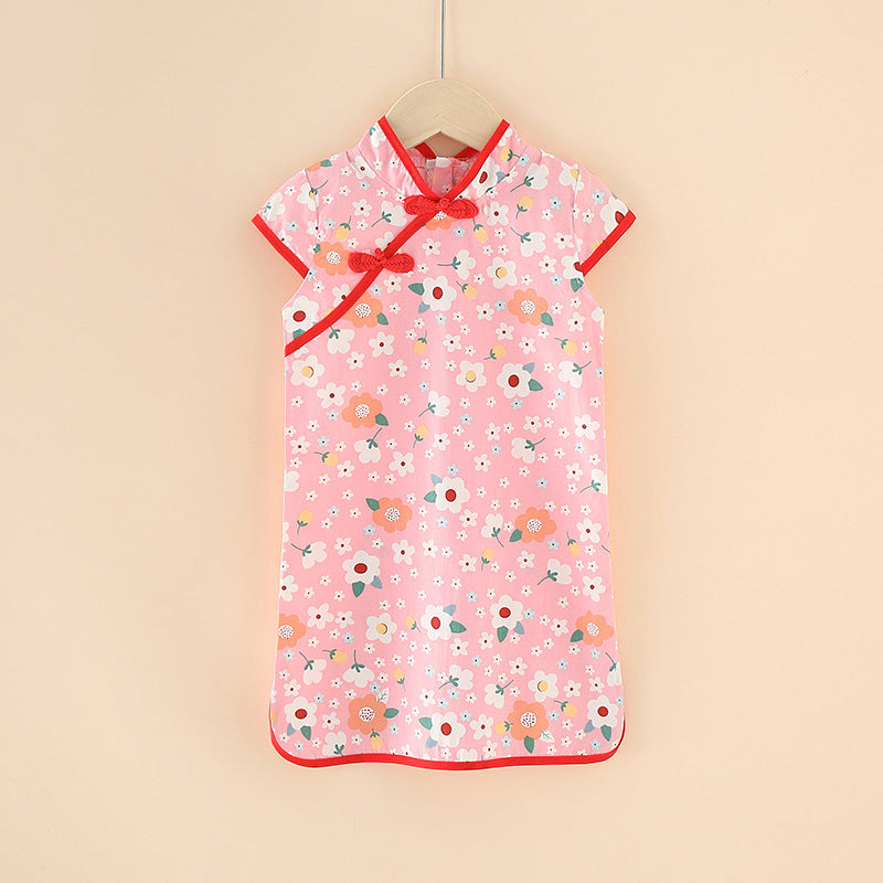 Tang suit ethnic cheongsam spring summer dress kidshan dynasty improved children's clothing small and medium-sized children's princess dress short-sleeved children's dress