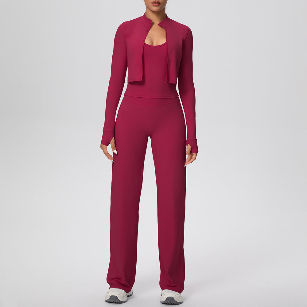 Strappy tank top casual zip-up jacket yoga outfit high-waisted butt-lifting quick-dry fitness set running sports three-piece set