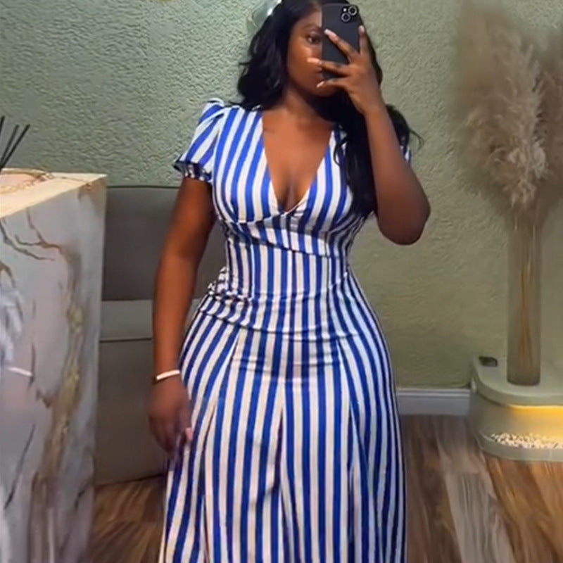 European and american cross-border women's fashion:  summer new arrival - elegant v-neck, puff sleeve, blue striped, high-waisted maxi dress