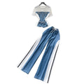 Hong kong style retropatchwork short-sleeved denim suit women's summer daily casualstraight-leg pants two-piece setslimming look outfit